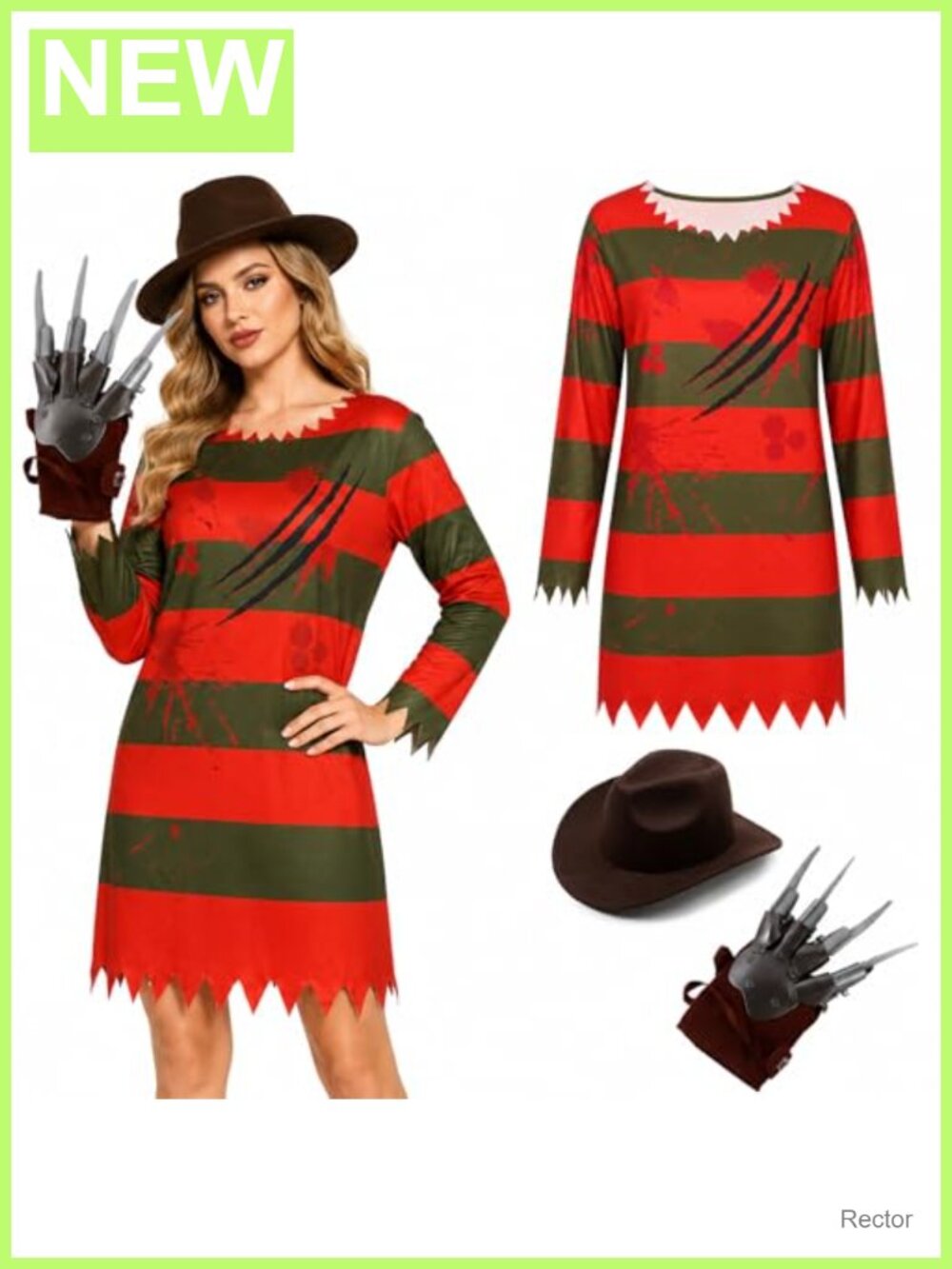 Halloween Horror Killer Costume Set Dress Hat Claw Gloves Cosplay